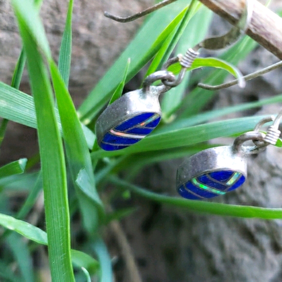 Vtg Genuine Lapis Opal Mosaic Silver Drop Earrings - Picture 11 of 16